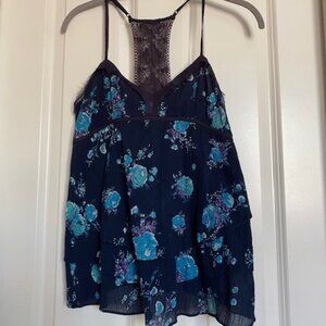 Free People 100% Cotton Spaghetti Strap Layered Top Navy Floral Size XS